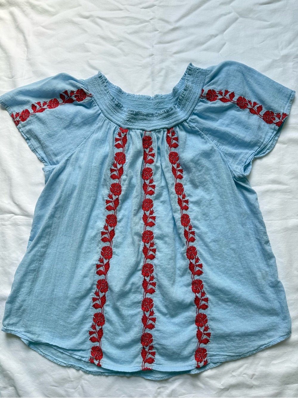 Liz Claiborne Light Blue Peasant Top with Red Floral Embroidery - Picture 2 of 5